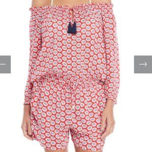Tory Burch Red and White Off-Shoulder Romper